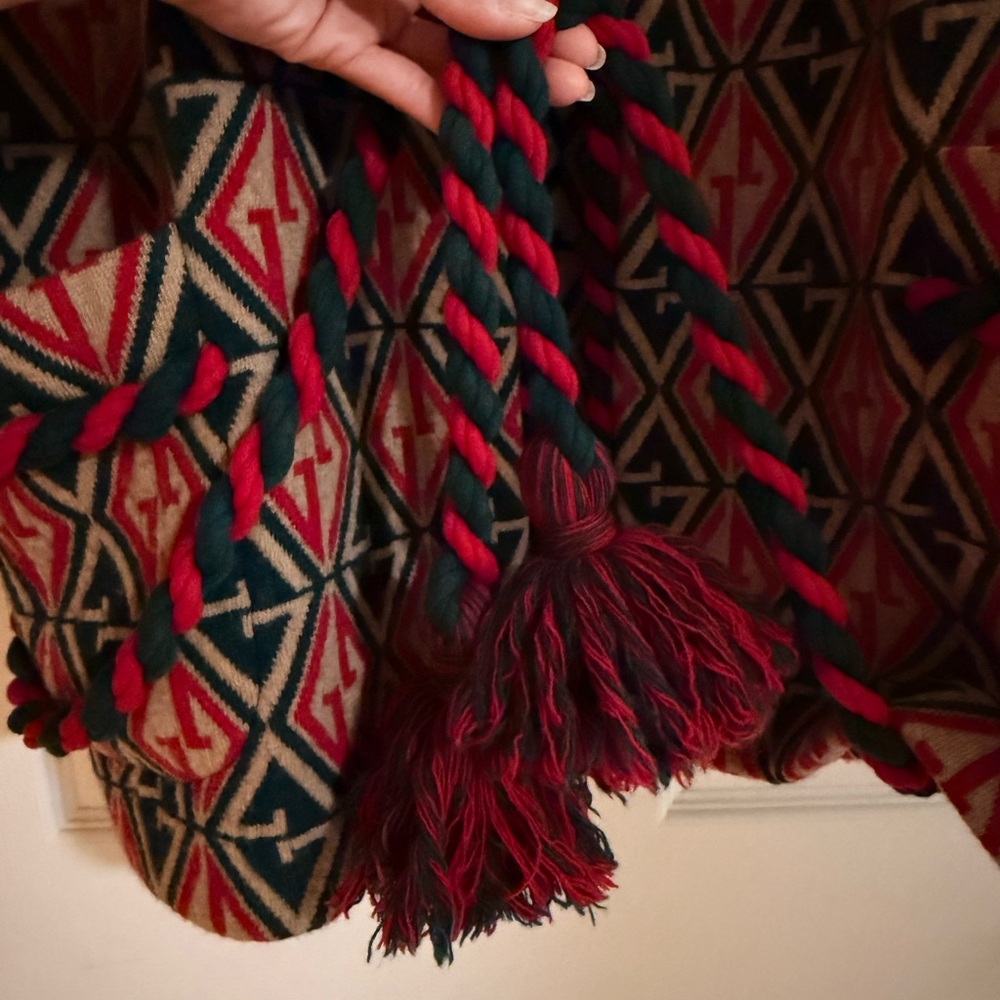 Gucci Red, Navy & Cream Geometric Wool Belted Cape Coat - Picture 3 of 7